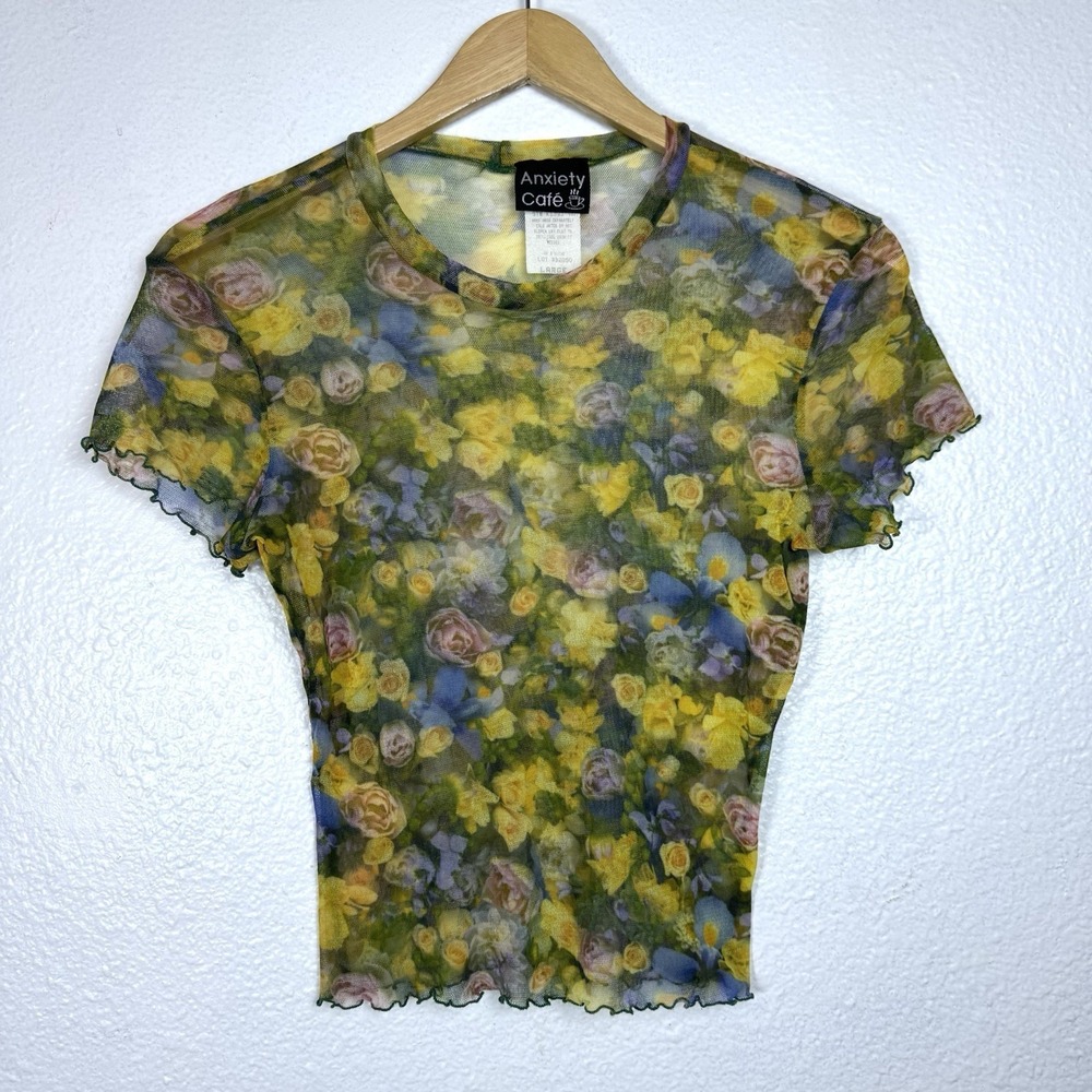 Vintage Floral Sheer Top Women's Large 90s Y2K Roses Anxiety Cafe Tee Shirt